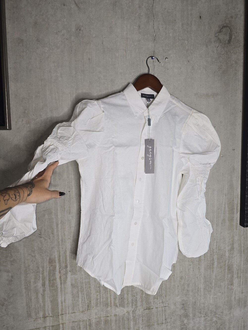 Puff-Sleeve Greysn White Shirt Size M